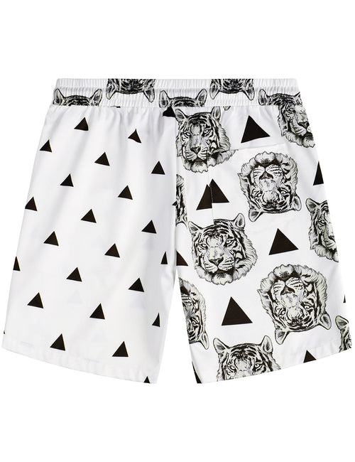 Men's Casual Tiger And Triangle Animal Aloha Beach Hawaiian Shorts