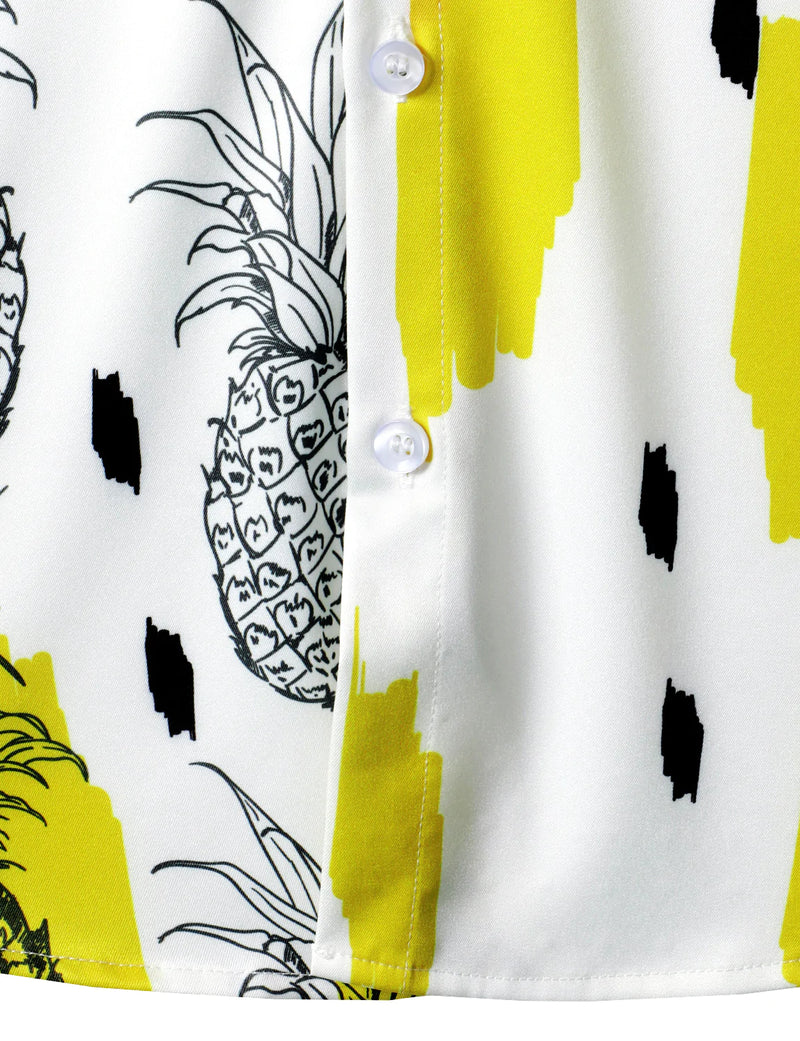 Men's Pineapple Tropical Fruit Print Pocket Hawaiian Button Up Summer Vacation Beach Aloha Short Sleeve Shirt