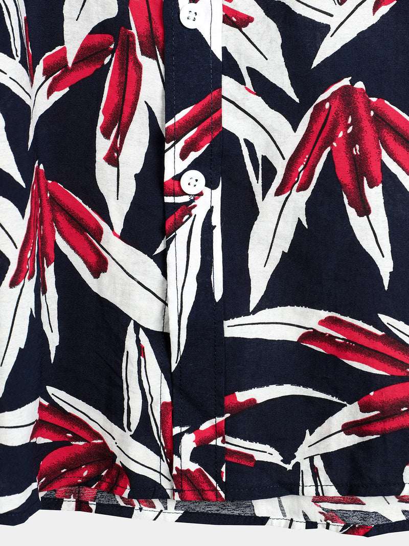 Men's Navy Blue Floral Holiday Short Sleeve Cotton Shirt