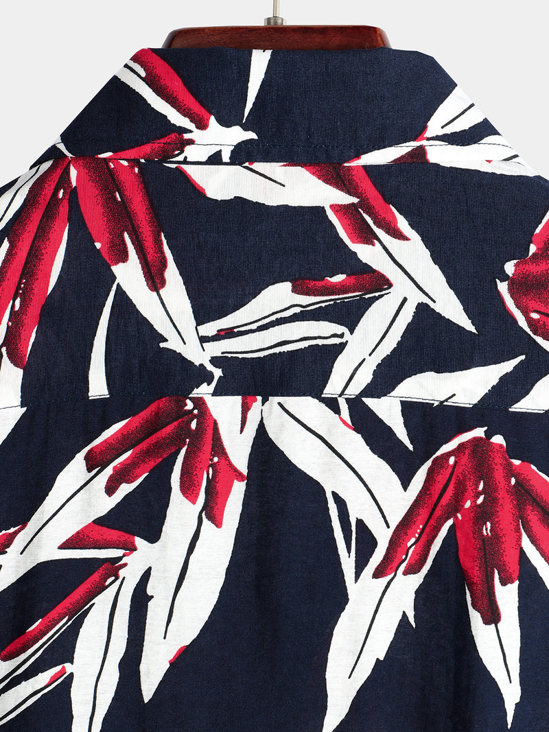 Men's Navy Blue Floral Holiday Short Sleeve Cotton Shirt