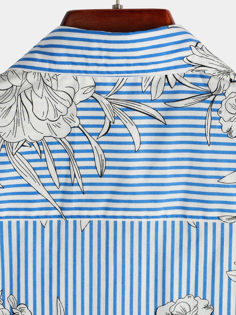 Men's Striped & Floral Print Short Sleeve Shirt
