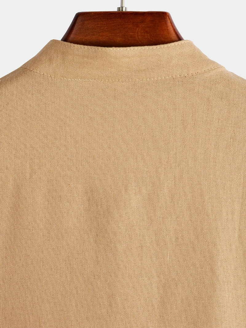 Men's Solid Color Stand Collar Half Button Pocket Front Shirt