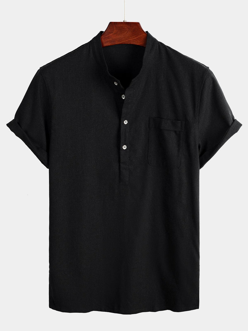 Men's Solid Color Stand Collar Half Button Pocket Front Shirt