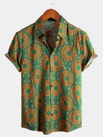 Men's Green Cotton Leisure Vintage 70s Short Sleeve Shirt