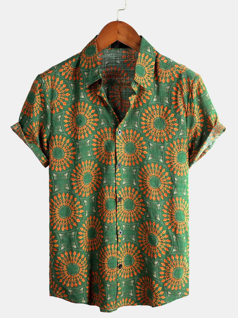 Men's Green Cotton Leisure Vintage 70s Short Sleeve Shirt