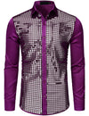 Mens Dress Shirt Silver Sequins Long Sleeve Button Down Disco Shirt Party Costume
