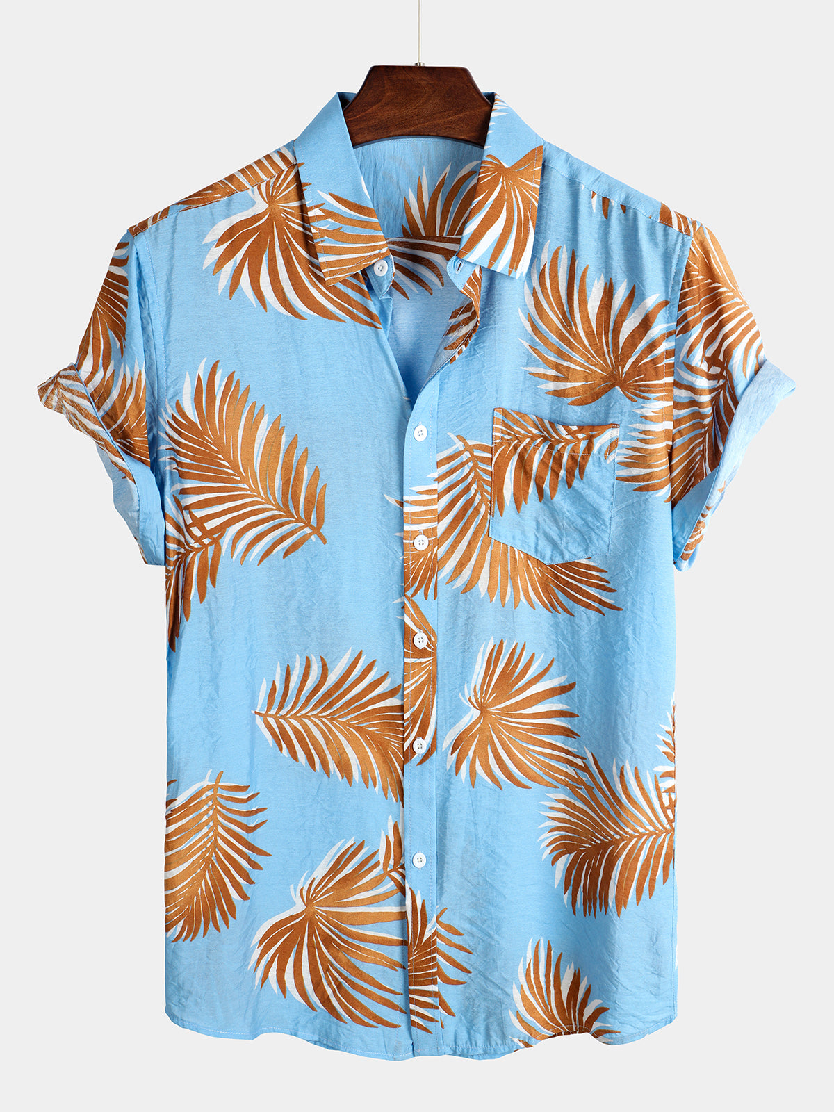 Men's Blue Tropical Leaf Print Pocket Short Sleeve Shirt