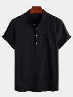 Men's Solid Color Stand Collar Half Button Pocket Front Shirt