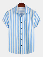 Men's Casual Pocket Vertical Striped Short Sleeve Shirt