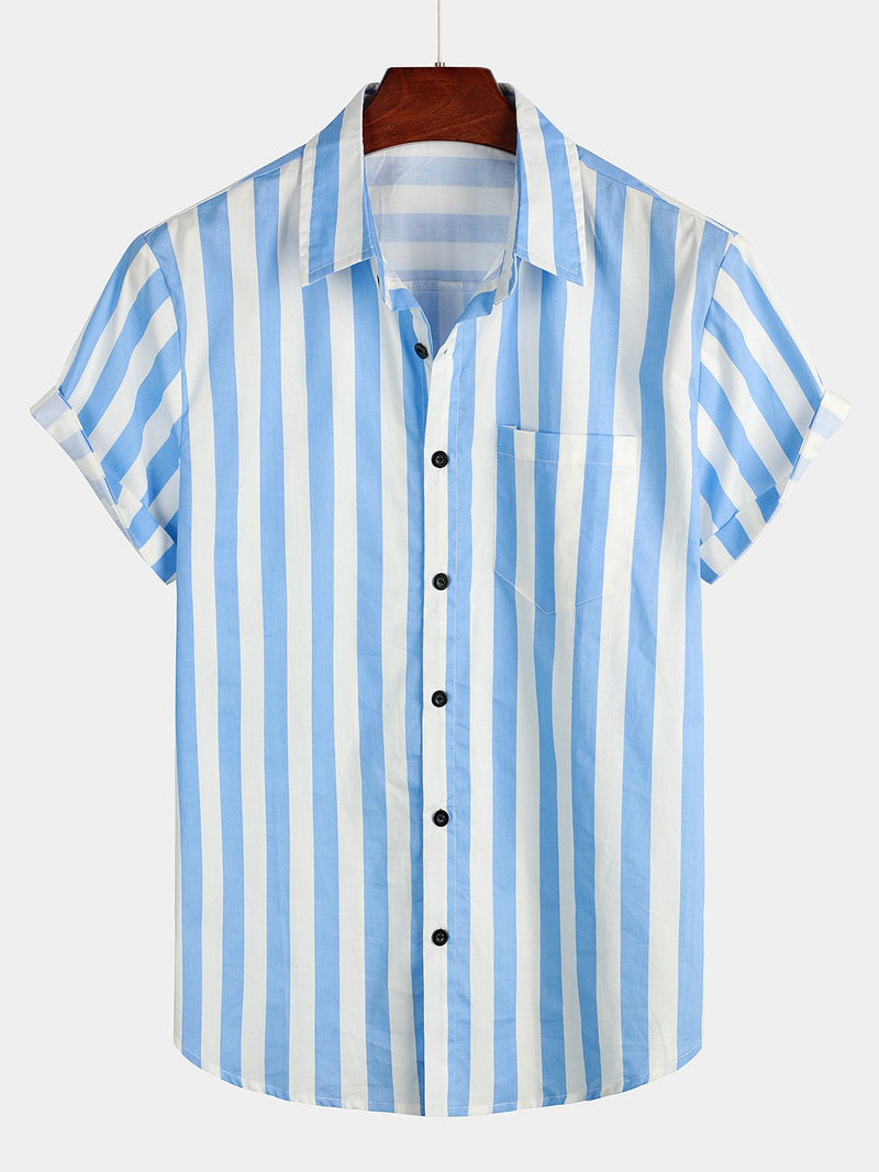 Men's Casual Pocket Vertical Striped Short Sleeve Shirt