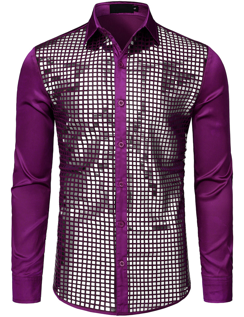 Mens Dress Shirt Silver Sequins Long Sleeve Button Down Disco Shirt Party Costume