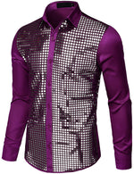 Mens Dress Shirt Silver Sequins Long Sleeve Button Down Disco Shirt Party Costume