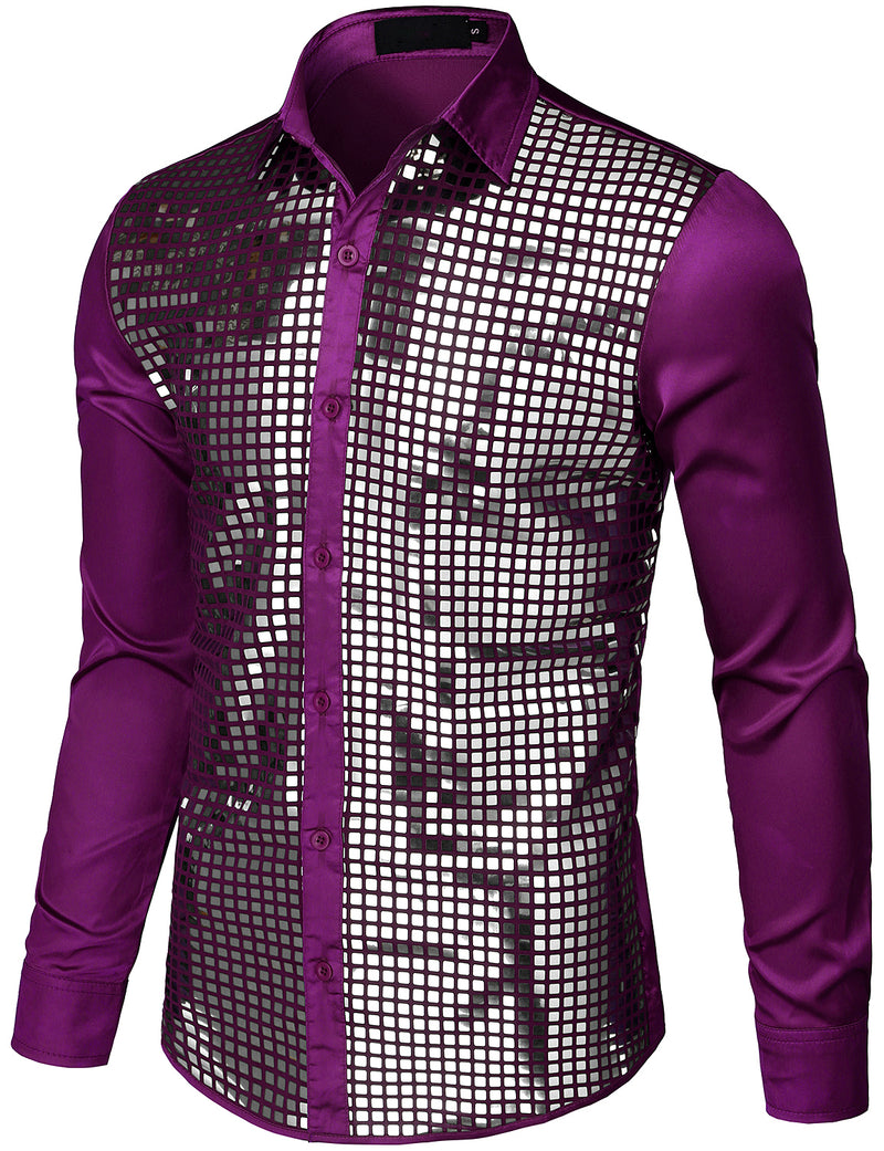 Mens Dress Shirt Silver Sequins Long Sleeve Button Down Disco Shirt Party Costume