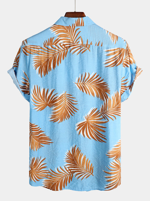 Men's Blue Tropical Leaf Print Pocket Short Sleeve Shirt