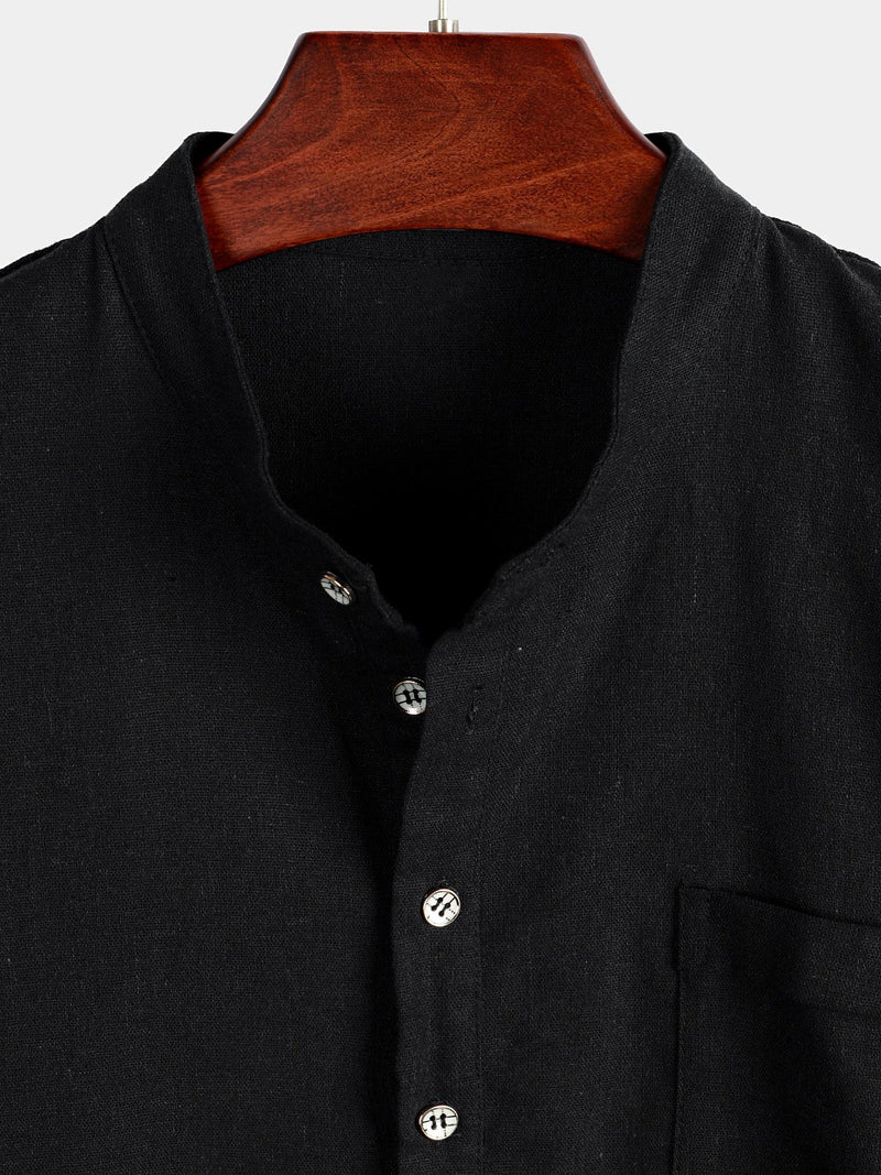 Men's Solid Color Stand Collar Half Button Pocket Front Shirt