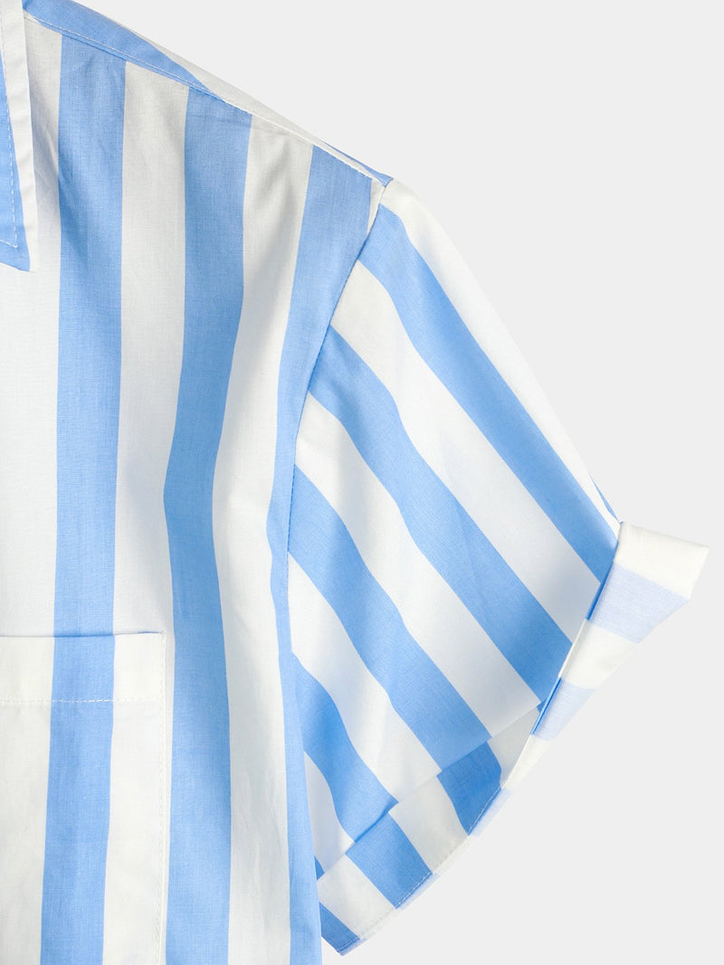 Men's Casual Pocket Vertical Striped Short Sleeve Shirt