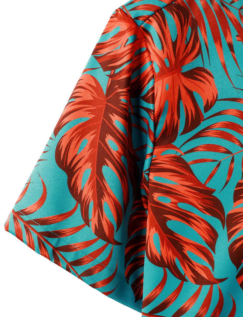 Men's Tropical Leaves And Striped Print Hawaiian Short Sleeve Aloha Shirt