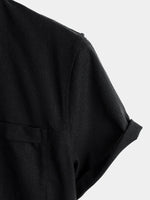 Men's Solid Color Stand Collar Half Button Pocket Front Shirt
