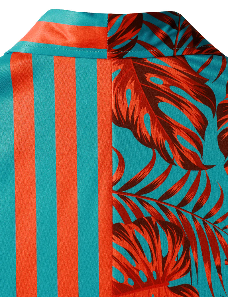 Men's Tropical Leaves And Striped Print Hawaiian Short Sleeve Aloha Shirt