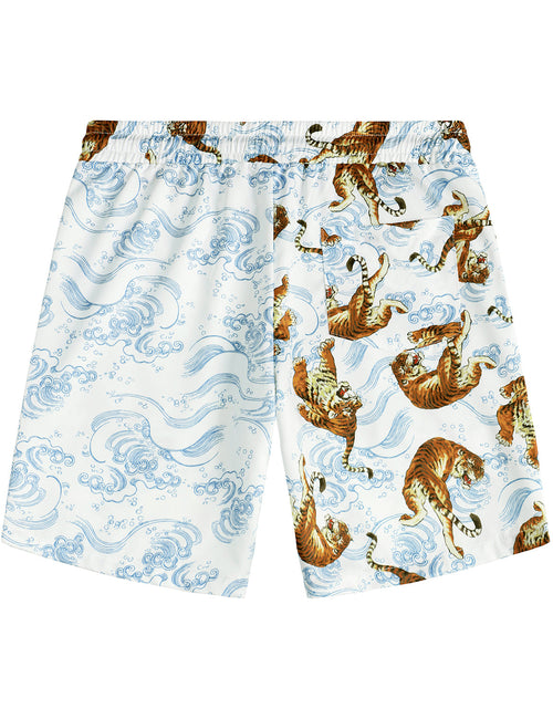 Men's Tiger And Waves Beach Hawaiian Summer Aloha Shorts