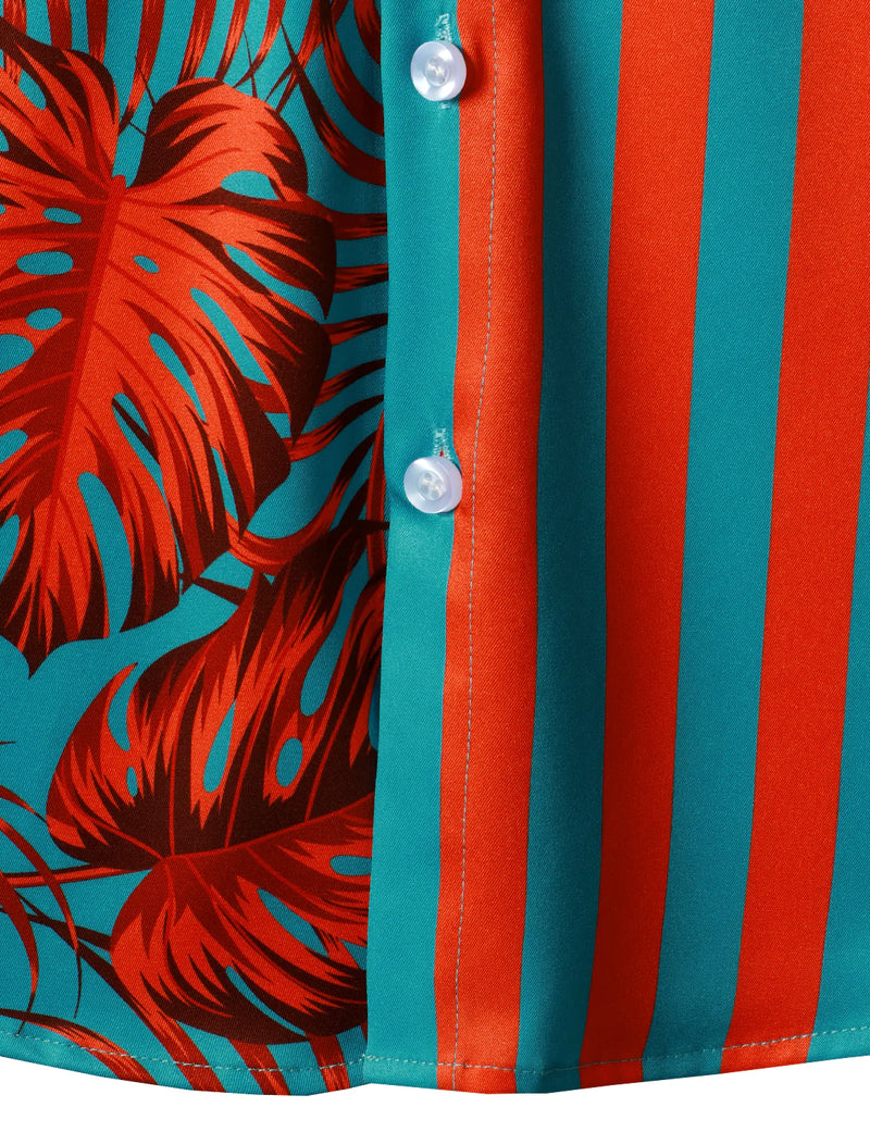 Men's Tropical Leaves And Striped Print Hawaiian Short Sleeve Aloha Shirt