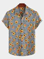 Men's Striped & Sunflower Print Short Sleeve Shirt
