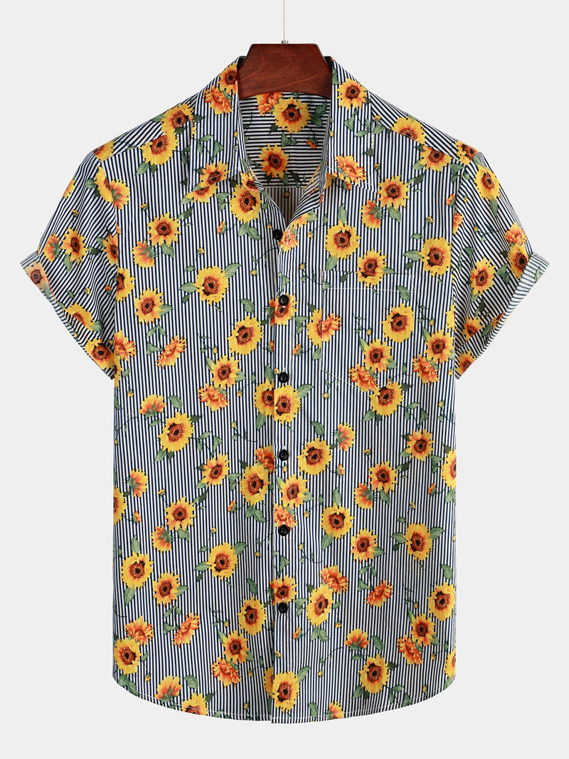 Men's Striped & Sunflower Print Short Sleeve Shirt