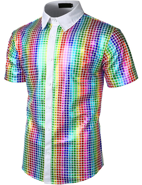 Men's Dress Shirt Sequins Button Down Shirts Disco Party Costume