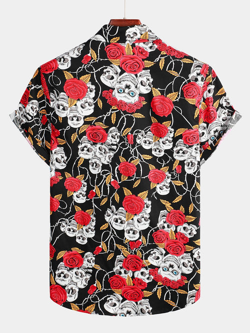 Men's Skull Rose Print Short Sleeve Shirt