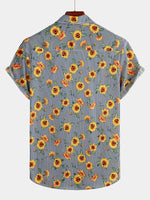 Men's Striped & Sunflower Print Short Sleeve Shirt