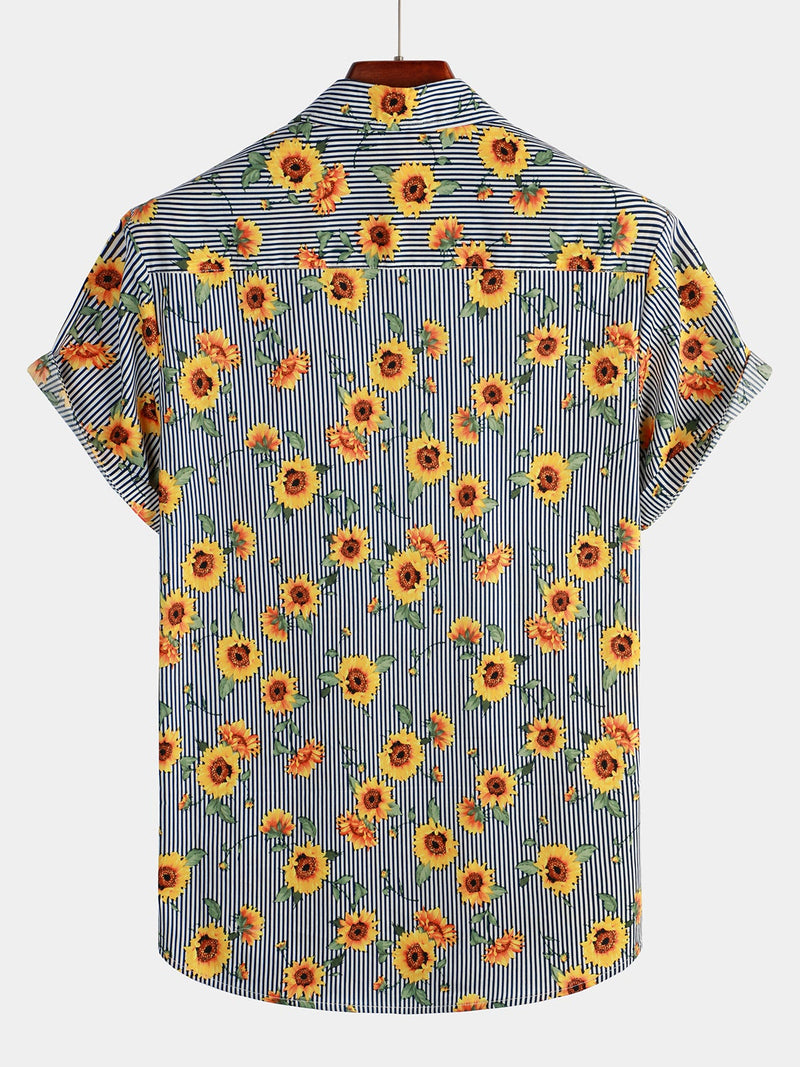 Men's Striped & Sunflower Print Short Sleeve Shirt
