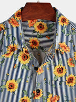 Men's Striped & Sunflower Print Short Sleeve Shirt