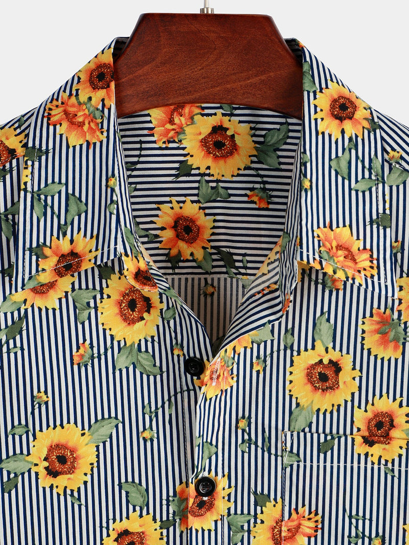 Men's Striped & Sunflower Print Short Sleeve Shirt