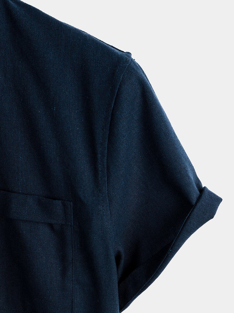 Men's Solid Color Stand Collar Half Button Pocket Front Shirt