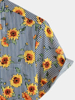 Men's Striped & Sunflower Print Short Sleeve Shirt