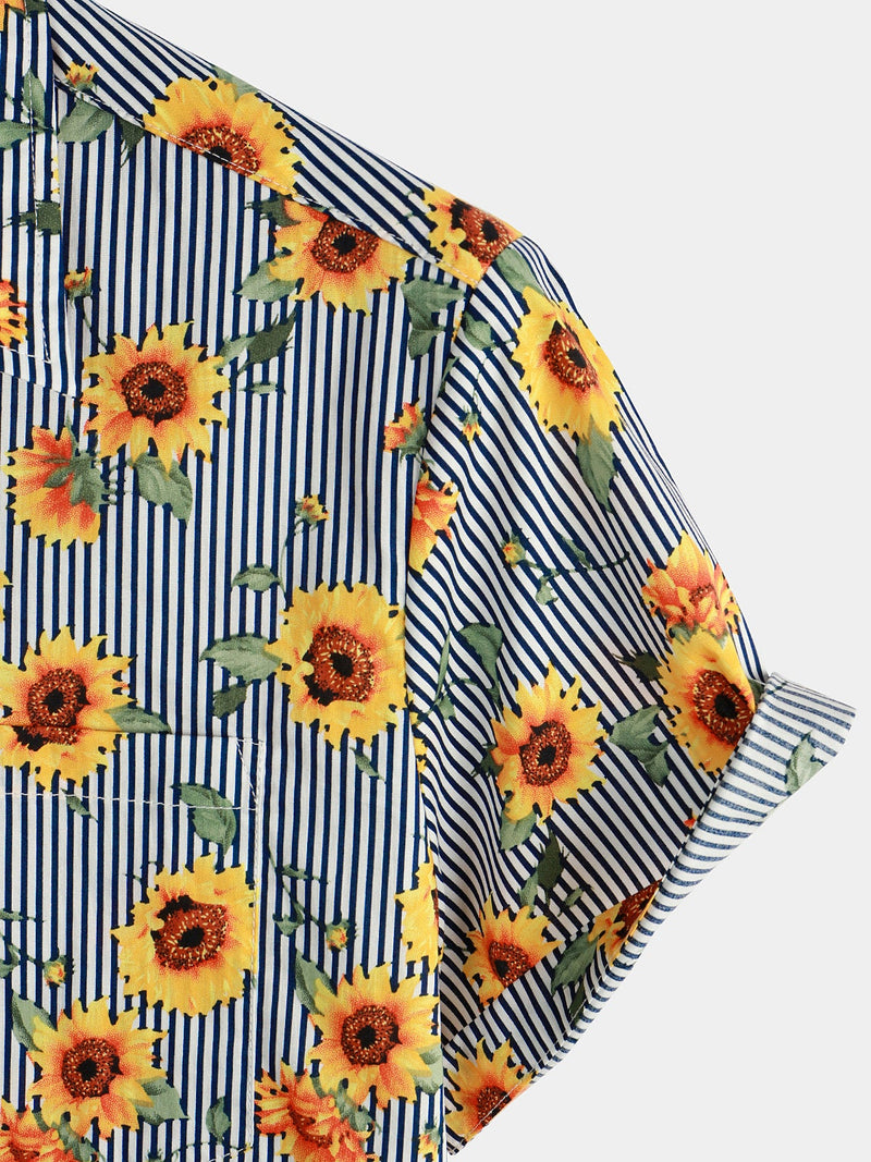 Men's Striped & Sunflower Print Short Sleeve Shirt