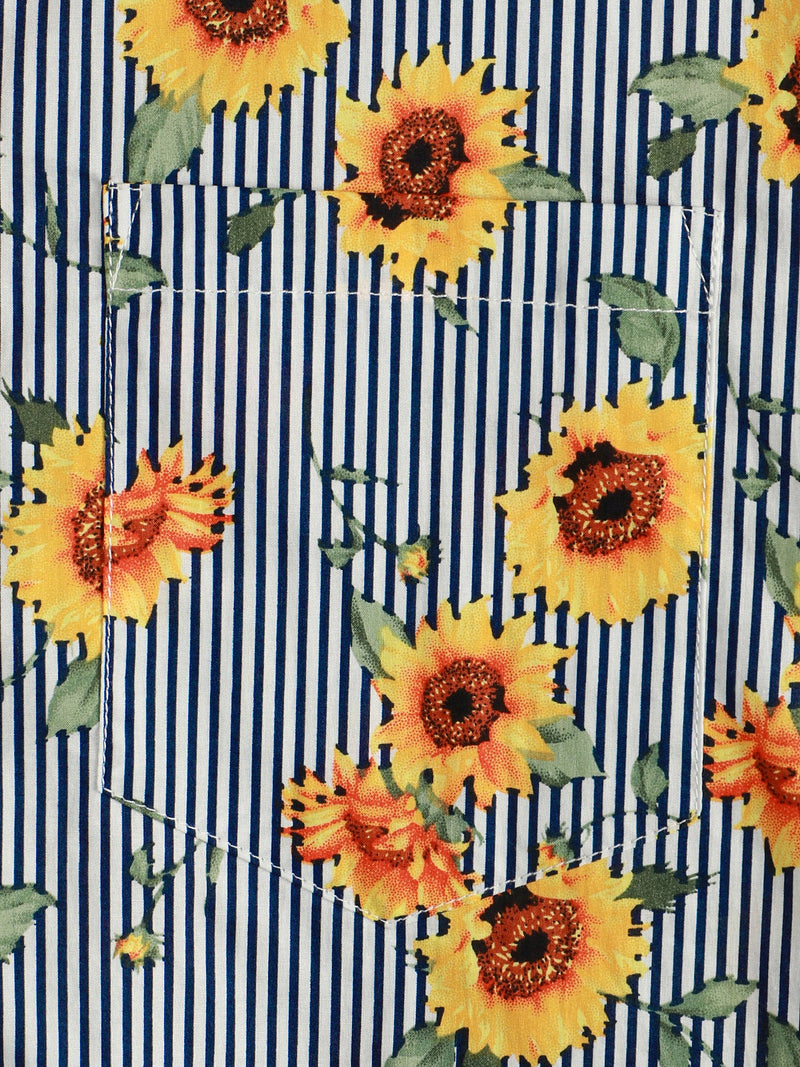 Men's Striped & Sunflower Print Short Sleeve Shirt