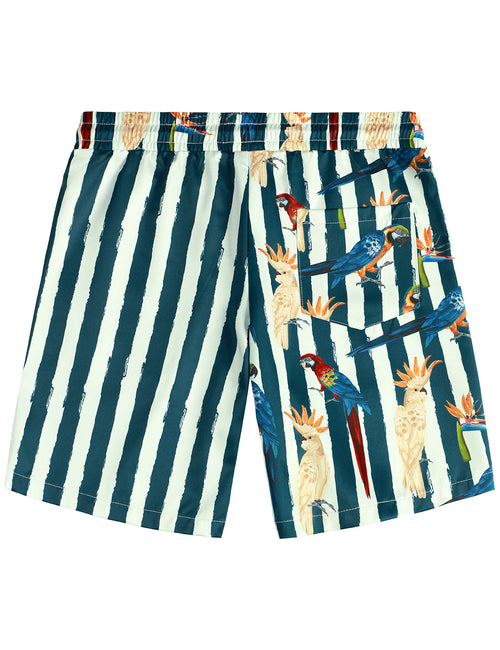 Men's Parrot And Blue Striped Beach Hawaiian Aloha Summer Shorts