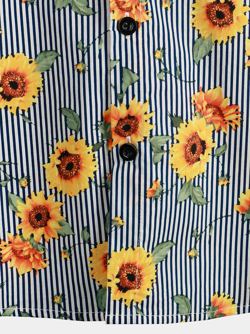 Men's Striped & Sunflower Print Short Sleeve Shirt