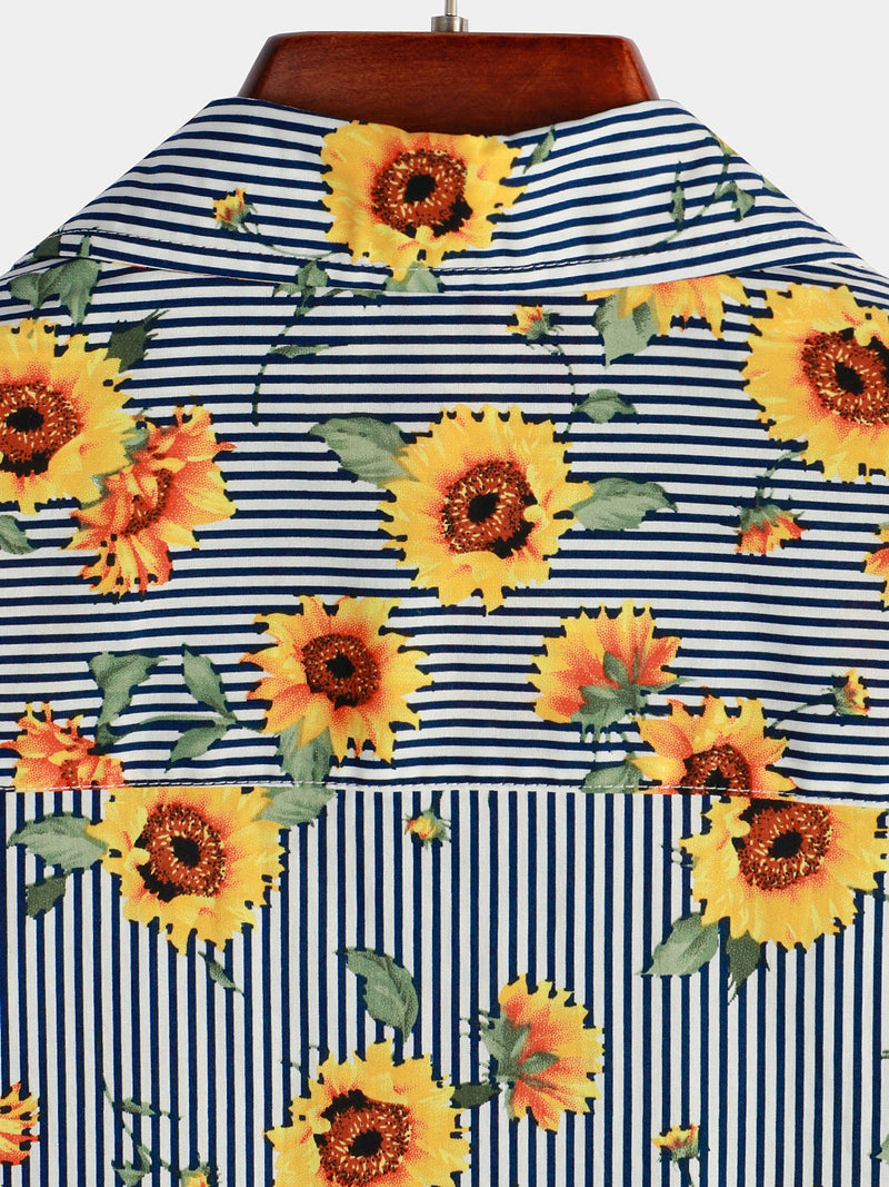 Men's Striped & Sunflower Print Short Sleeve Shirt