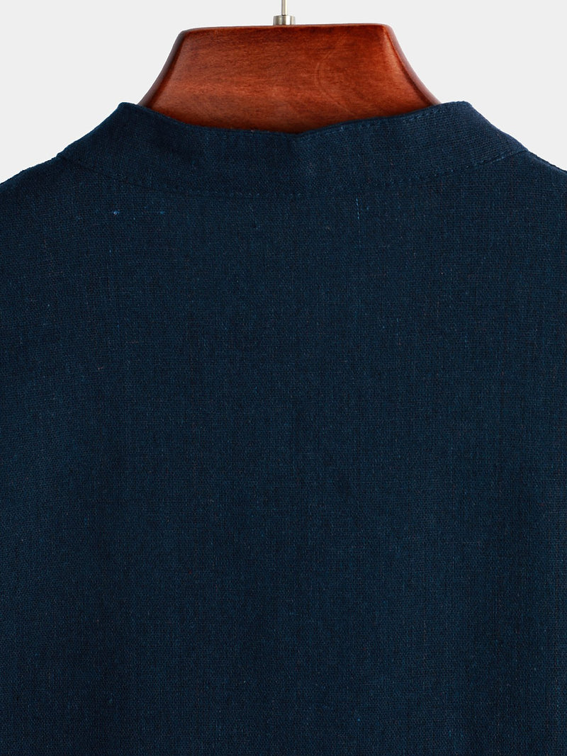 Men's Solid Color Stand Collar Half Button Pocket Front Shirt