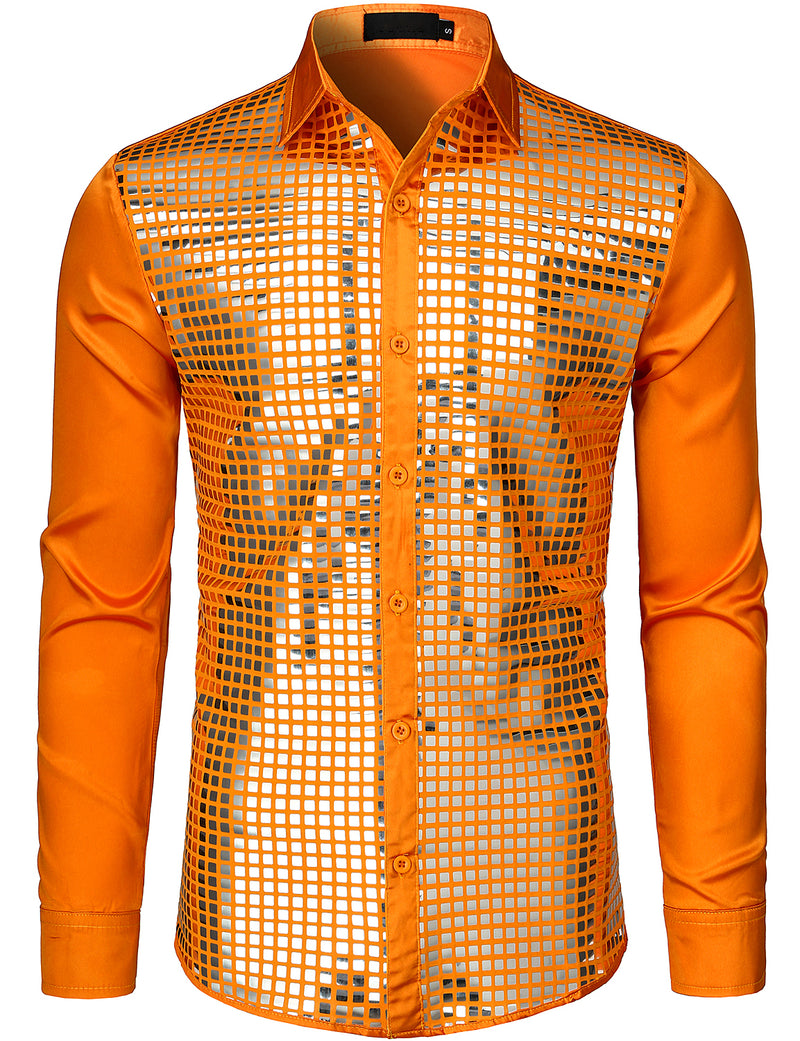Mens Dress Shirt Silver Sequins Long Sleeve Button Down Disco Shirt Party Costume