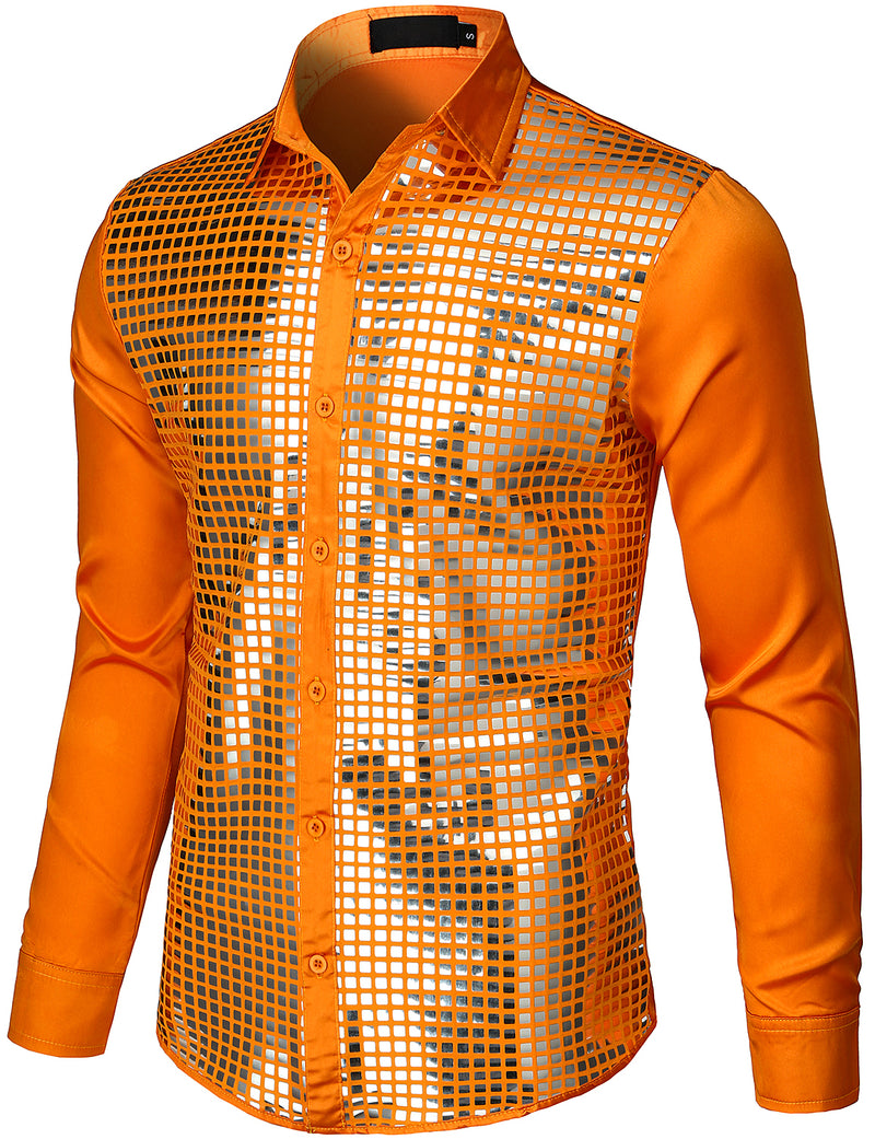 Mens Dress Shirt Silver Sequins Long Sleeve Button Down Disco Shirt Party Costume