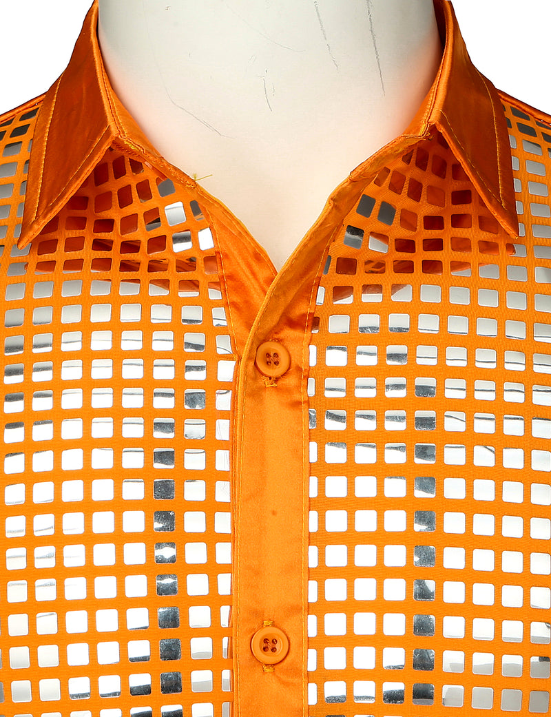 Mens Dress Shirt Silver Sequins Long Sleeve Button Down Disco Shirt Party Costume