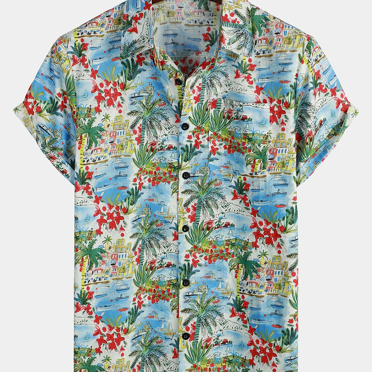 Men's Floral Printed Holiday Pocket Cotton Shirt