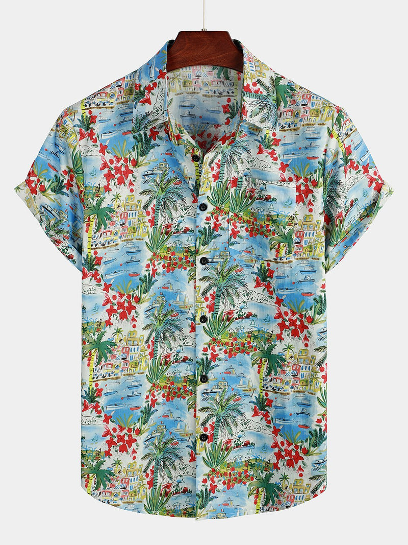 Men's Floral Printed Holiday Pocket Cotton Shirt