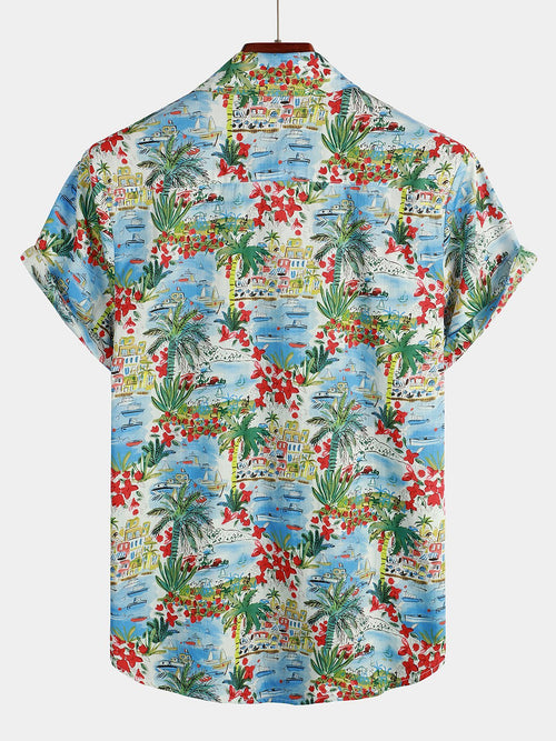 Men's Floral Printed Holiday Pocket Cotton Shirt