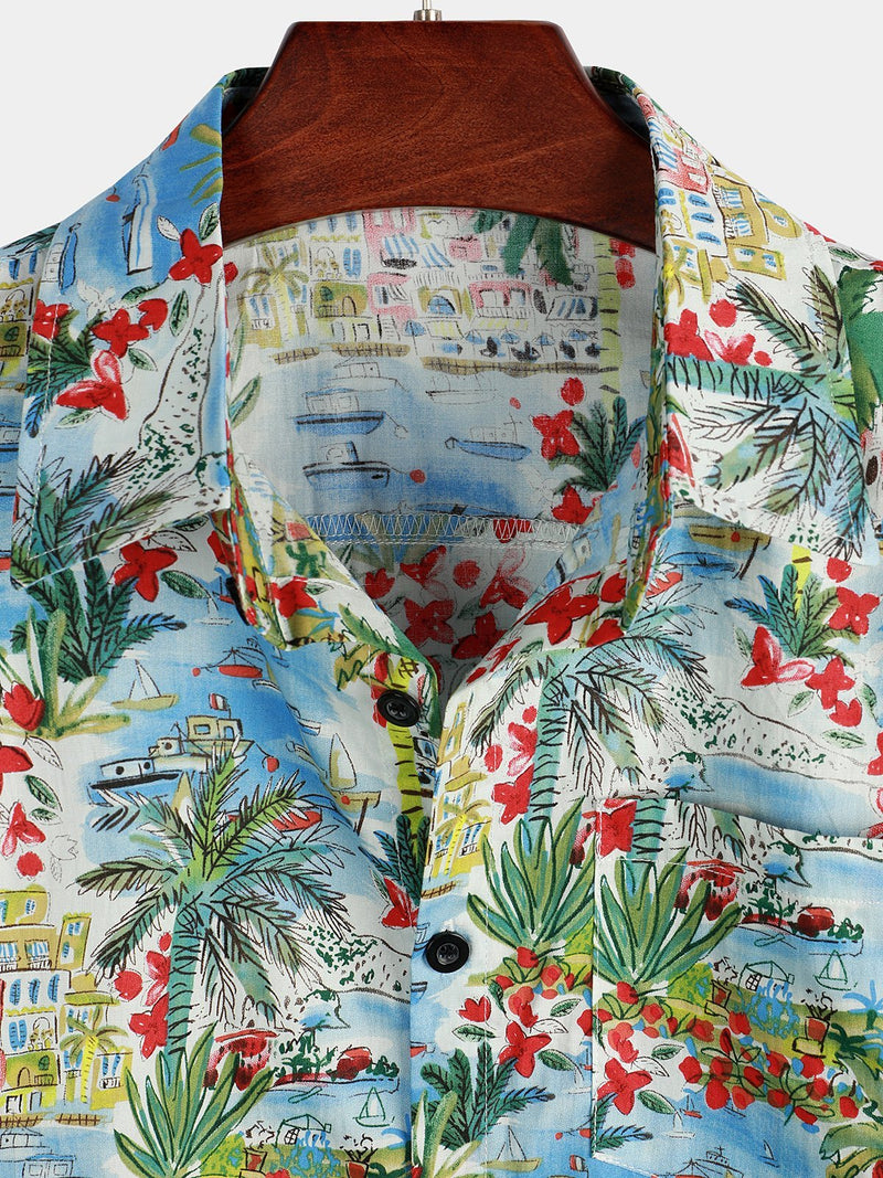 Men's Floral Printed Holiday Pocket Cotton Shirt