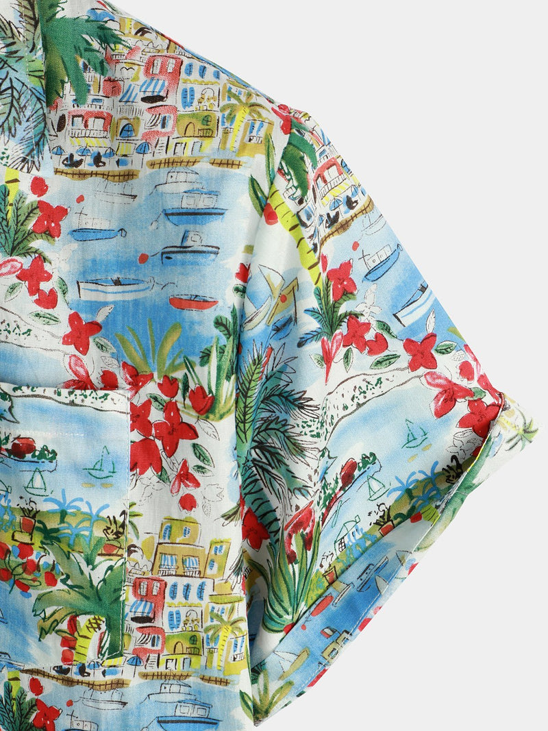 Men's Floral Printed Holiday Pocket Cotton Shirt