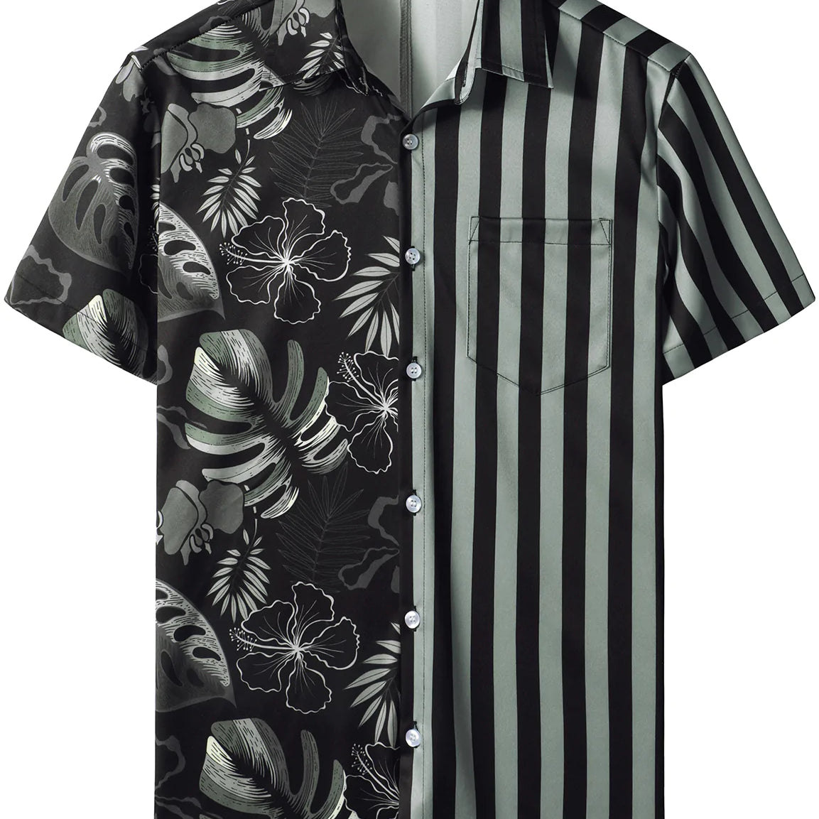 Men's Black Striped & Floral Print Short Sleeve Casual Hawaiian Vacation Beach Shirt